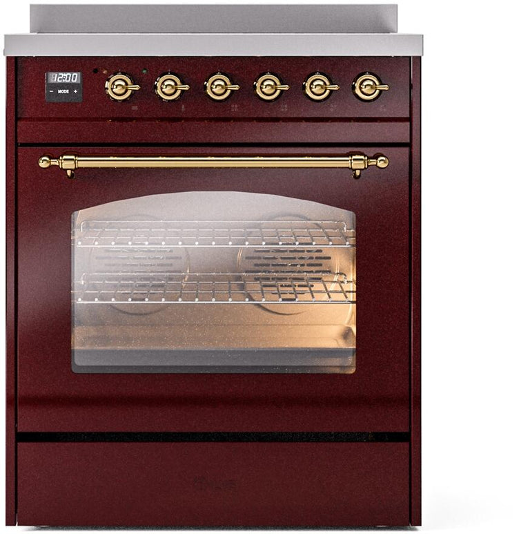 ILVE Nostalgie II 30" Induction Range with Element Stove and Electric Oven in Burgundy with Brass Trim, UPI304NMPBUG