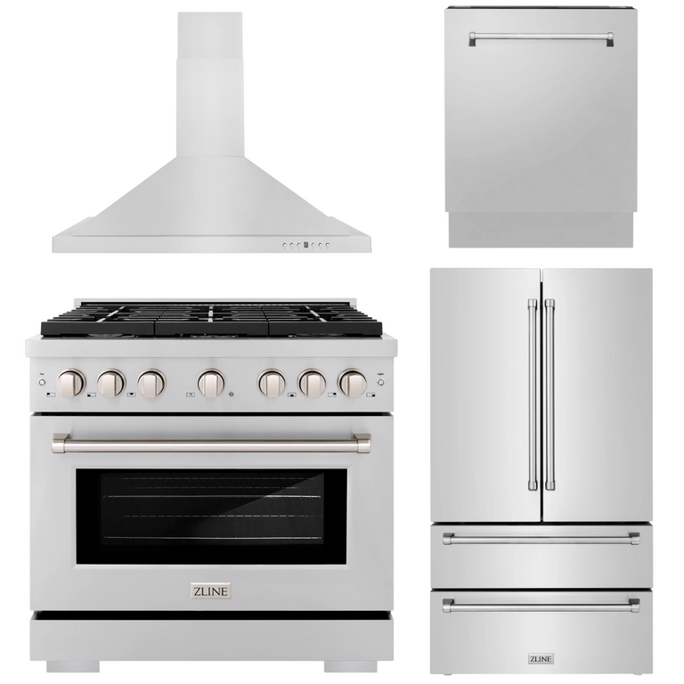 ZLINE Appliance Package - 36 Inch Gas Range, Range Hood, 3 Rack Dishwasher, Refrigerator, 4KPR-SGRRH36-DWV