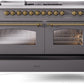 ILVE Nostalgie II 60" Dual Fuel Propane Gas Range in Matte Graphite with Brass Trim, UP60FSNMPMGGLP