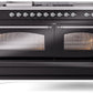 ILVE Nostalgie II 60" Dual Fuel Natural Gas Range in Glossy Black with Chrome Trim, UP60FSNMPBKC