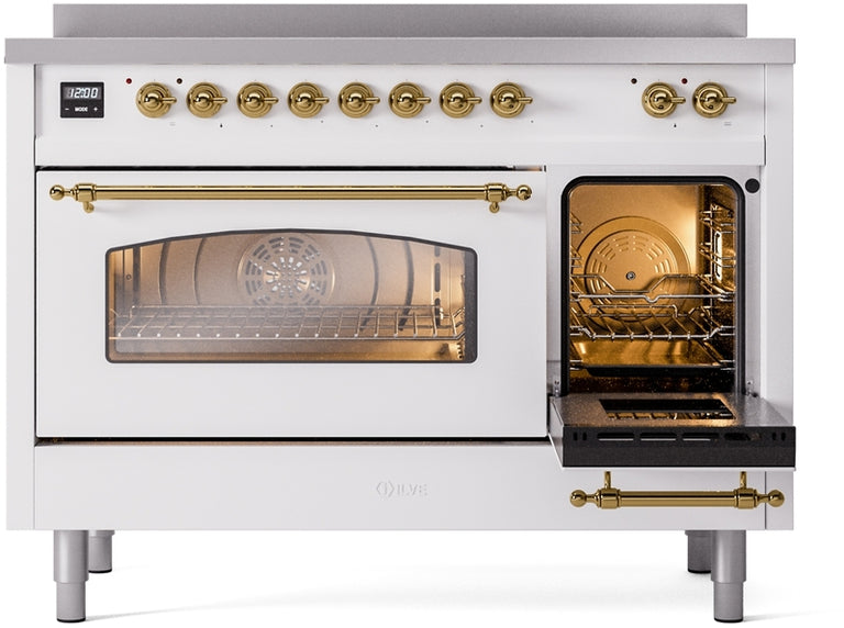 ILVE Nostalgie II 48" Induction Range with Element Stove and Electric Oven in White with Brass Trim, UPI486NMPWHG
