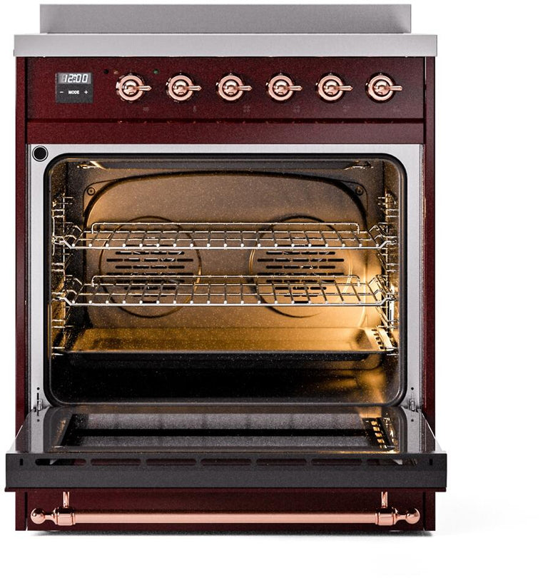 ILVE Nostalgie II 30" Induction Range with Element Stove and Electric Oven in Burgundy with Copper Trim, UPI304NMPBUP