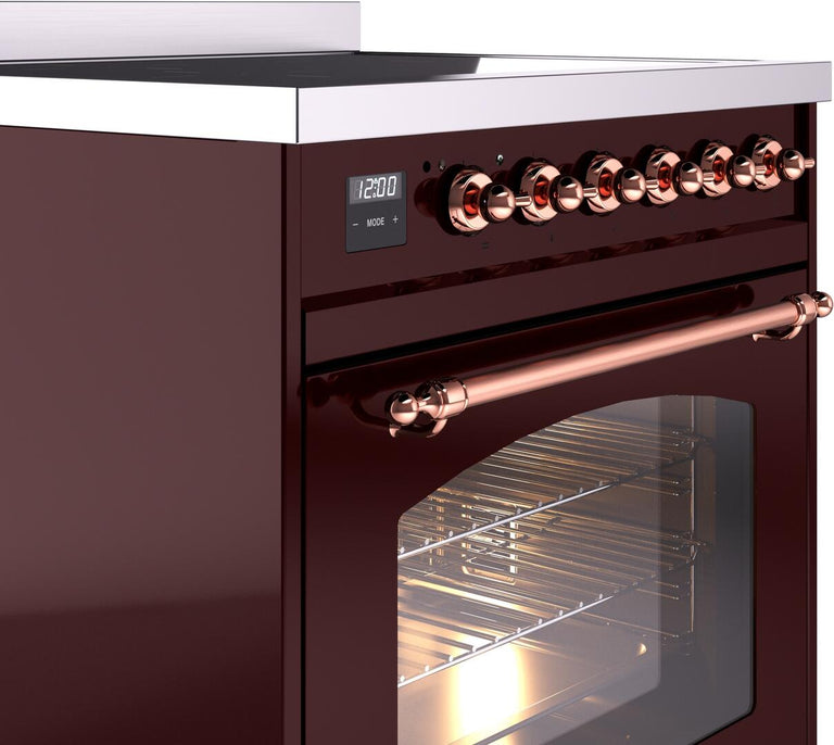 ILVE Nostalgie II 30" Induction Range with Element Stove and Electric Oven in Burgundy with Copper Trim, UPI304NMPBUP