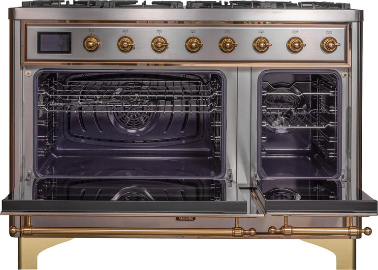 ILVE Majestic II 48" Dual Fuel Natural Gas Range in Stainless Steel with Brass Trim, UM12FDNS3SSG