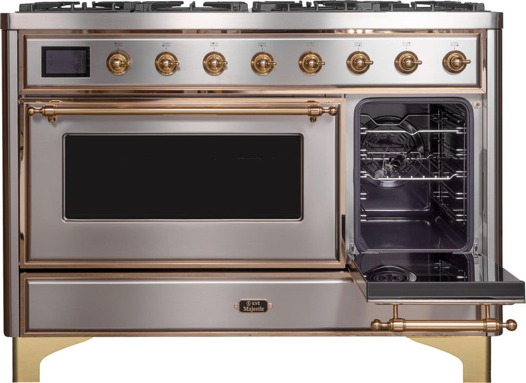 ILVE Majestic II 48" Dual Fuel Natural Gas Range in Stainless Steel with Brass Trim, UM12FDNS3SSG