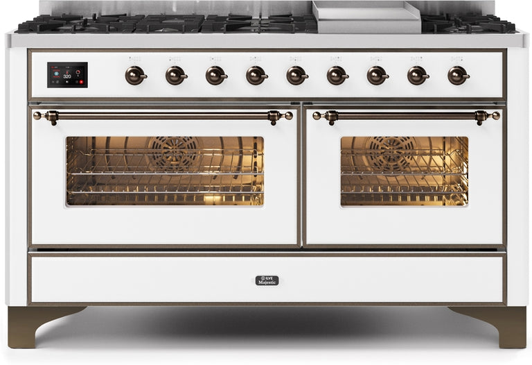 ILVE Majestic II 60" Dual Fuel Natural Gas Range in White with Bronze Trim, UM15FDNS3WHB
