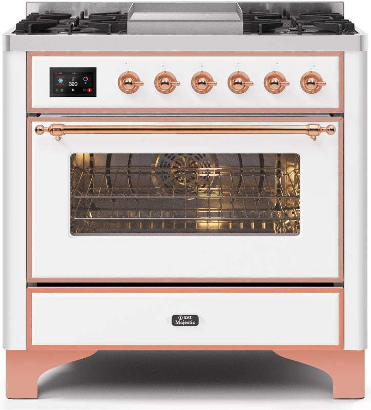 ILVE Majestic II 36" Dual Fuel Natural Gas Range in White with Copper Trim, UM09FDNS3WHP