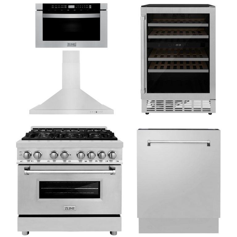 ZLINE Appliance Package - 36" Dual Fuel Range, Range Hood, Microwave Drawer, Dishwasher and Wine Cooler, 5KP-RARH36-MWDWV-RWV