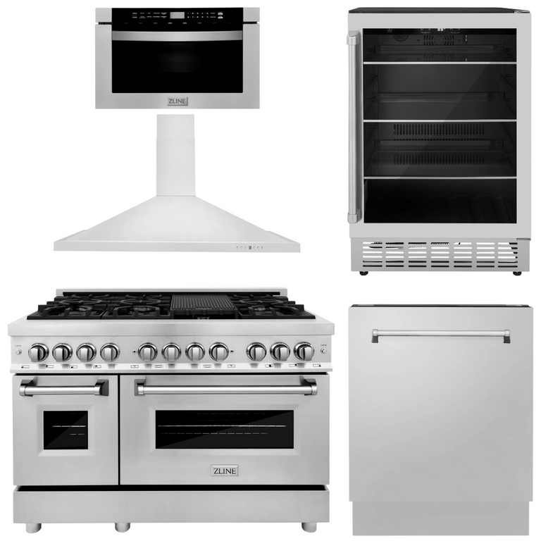 ZLINE Appliance Package - 48" Dual Fuel Range, Range Hood, Microwave Drawer, Dishwasher and Beverage Fridge, 5KP-RARH48-MWDWV-RBV