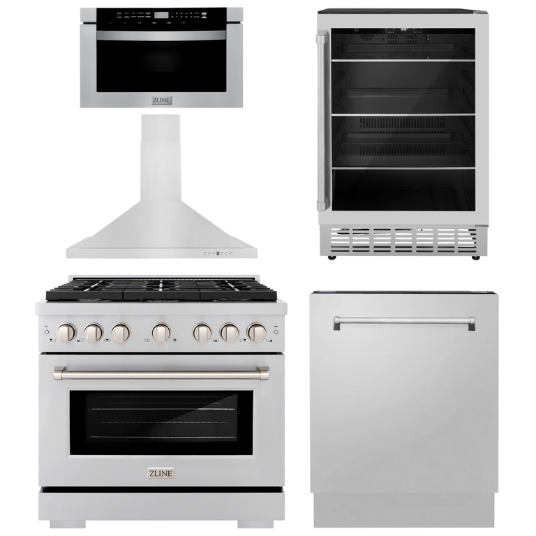 ZLINE  Appliance Package - 36" Gas Range, Range Hood, Microwave Drawer, Dishwasher and Beverage Fridge, 5KP-SGRRH36-MWDWV-RBV
