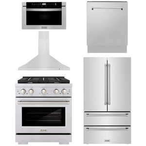 ZLINE Appliance Package - 30" Gas Range, Range Hood, 36" Refrigerator with Ice Maker, 24" Microwave Drawer and Dishwasher in Stainless Steel