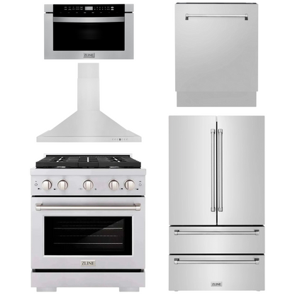 ZLINE Appliance Package - 30" Gas Range, Range Hood, 36" Refrigerator with Ice Maker, 24" Microwave Drawer and Dishwasher in Stainless Steel