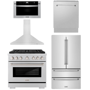 ZLINE Appliance Package - 36" Gas Range, Range Hood, 36" Refrigerator with Ice Maker, 24" Microwave Drawer and Dishwasher in Stainless Steel