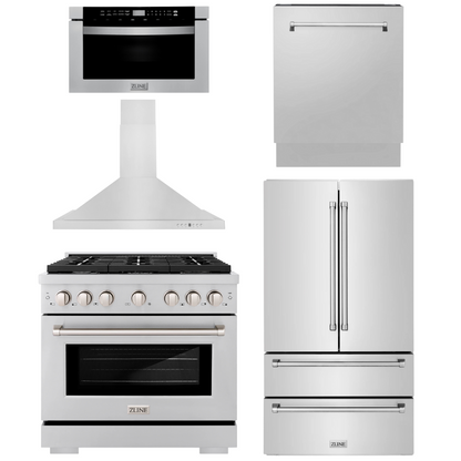 ZLINE Appliance Package - 36" Gas Range, Range Hood, 36" Refrigerator with Ice Maker, 24" Microwave Drawer and Dishwasher in Stainless Steel