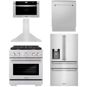 ZLINE Appliance Package - 30" Gas Range, Range Hood, 36" Refrigerator with Water/Ice Dispenser, 24" Microwave Drawer and Dishwasher in Stainless Steel