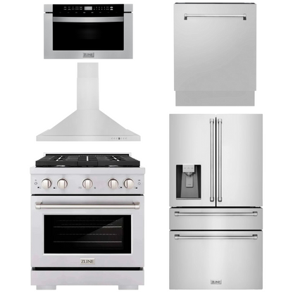 ZLINE Appliance Package - 30" Gas Range, Range Hood, 36" Refrigerator with Water/Ice Dispenser, 24" Microwave Drawer and Dishwasher in Stainless Steel