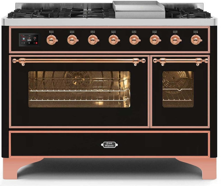 ILVE Majestic II 48" Dual Fuel Natural Gas Range in Glossy Black with Copper Trim, UM12FDNS3BKP