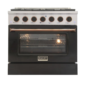 Kucht Signature 36 In. 5.2 cu ft. Propane Gas Range with Black Door and Gold Accents, KNG361/LP-K-GOLD