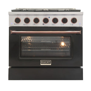 Kucht Signature 36 In. 5.2 cu ft. Natural Gas Range with Black Door and Rose Gold Accents, KNG361-K-ROSE