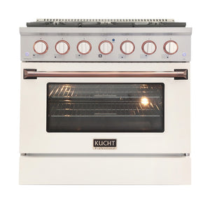 Kucht Signature 36 In. 5.2 cu ft. Natural Gas Range with White Door and Rose Gold Accents, KNG361-W-ROSE