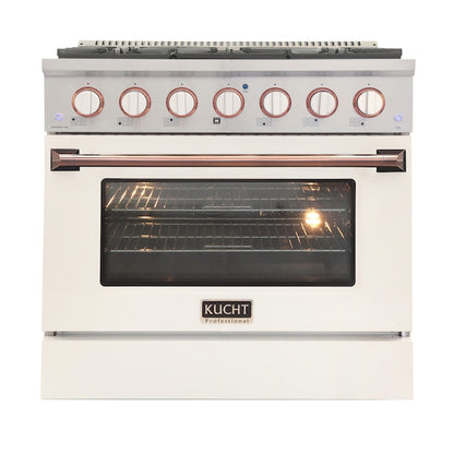 Kucht Signature 36 In. 5.2 cu ft. Propane Gas Range with White Door and Rose Gold Accents, KNG361/LP-W-ROSE