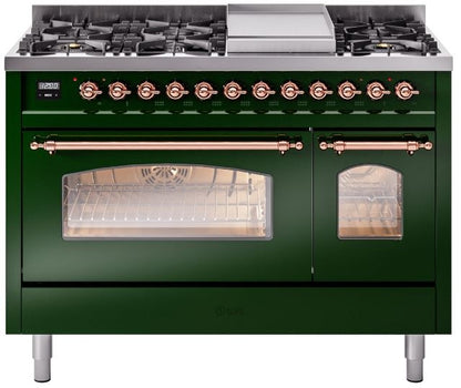 ILVE Nostalgie II 48" Dual Fuel Natural Gas Range in Emerald Green with Copper Trim, UP48FNMPEGP