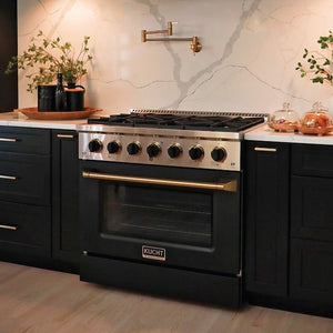 Kucht Signature 48 In. 6.7 cu ft. Propane Gas Range with Black Door and Gold Accents, KNG481/LP-K-GOLD