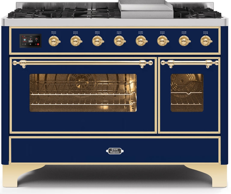 ILVE Majestic II 48" Dual Fuel Natural Gas Range in Blue with Brass Trim, UM12FDNS3MBG