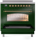 ILVE Nostalgie II 36" Induction Range with Element Stove and Electric Oven in Emerald Green with Brass Trim, UPI366NMPEGG