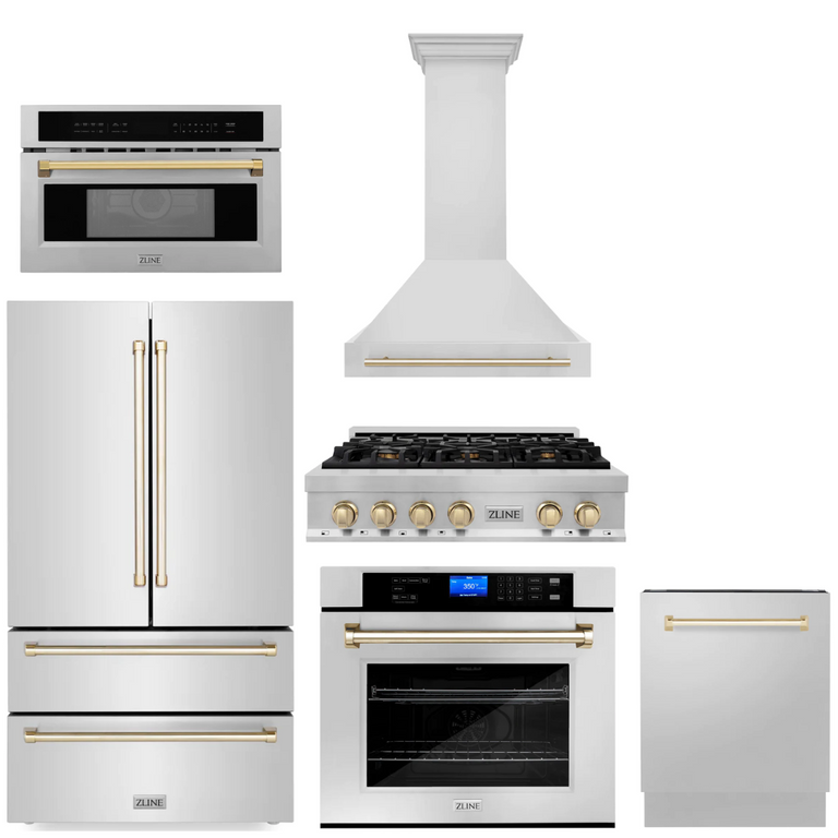 ZLINE Autograph Gold Package - 36" Rangetop, 36" Range Hood, Dishwasher, Refrigerator, Microwave Oven, Wall Oven