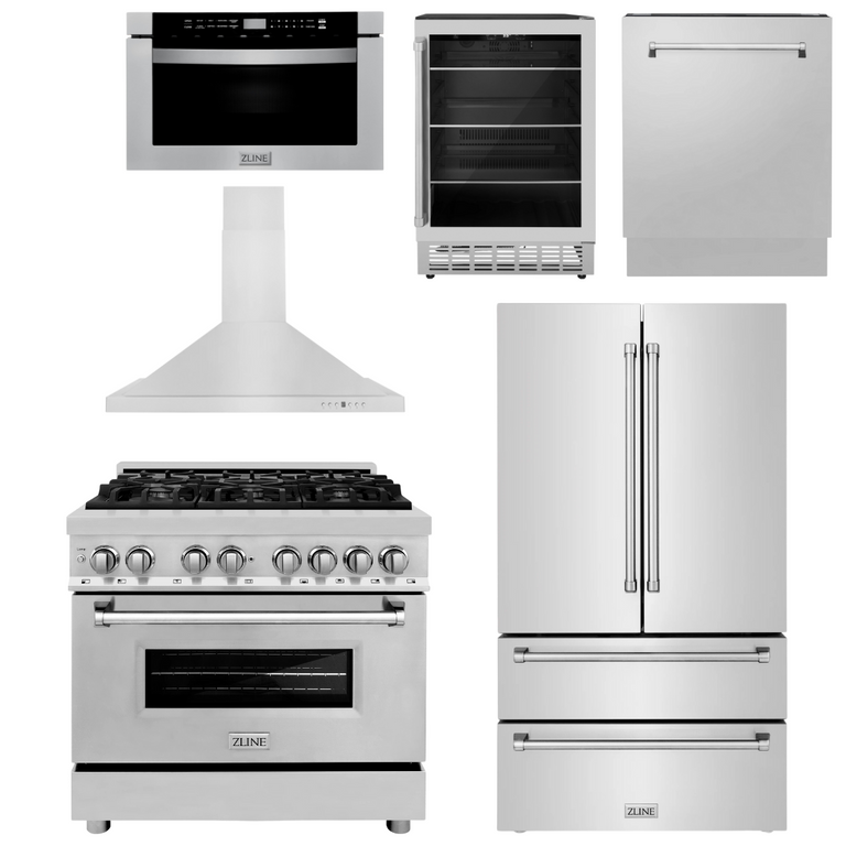 ZLINE Appliance Package - 36" Dual Fuel Range, Range Hood, Refrigerator, Microwave Drawer, Dishwasher and Beverage Fridge, 6KPR-RARH36-MWDWV-RBV