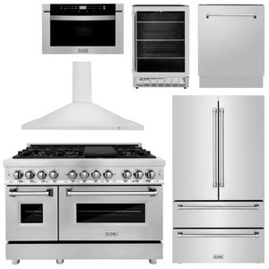 ZLINE Appliance Package - 48" Dual Fuel Range, Range Hood, Refrigerator, Microwave Drawer, Dishwasher and Beverage Fridge, 6KPR-RARH48-MWDWV-RBV
