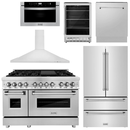 ZLINE Appliance Package - 48" Dual Fuel Range, Range Hood, Refrigerator, Microwave Drawer, Dishwasher and Beverage Fridge, 6KPR-RARH48-MWDWV-RBV