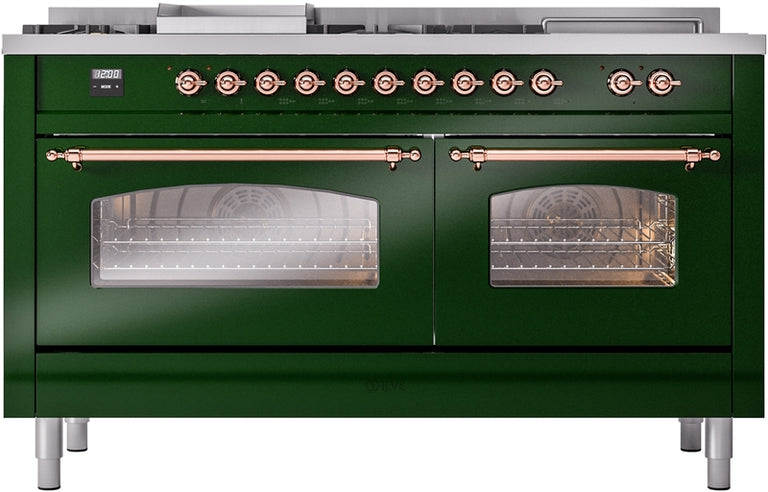 ILVE Nostalgie II 60" Dual Fuel Propane Gas Range in Emerald Green with Copper Trim, UP60FSNMPEGPLP