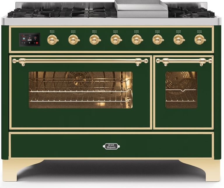 ILVE Majestic II 48" Dual Fuel Natural Gas Range in Emerald Green with Brass Trim, UM12FDNS3EGG