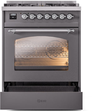 ILVE Nostalgie II 30" Dual Fuel Natural Gas Range in Matte Graphite with Chrome Trim, UP30NMPMGC