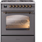ILVE Nostalgie II 30" Dual Fuel Natural Gas Range in Matte Graphite with Bronze Trim, UP30NMPMGB