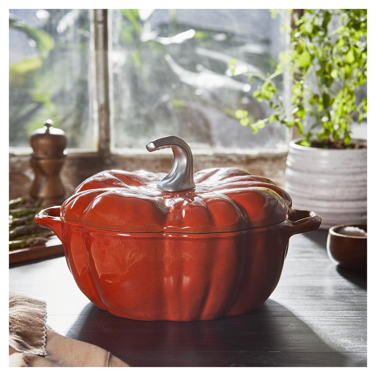 Staub 3.5 Qt. Cast Iron Pumpkin Dutch Oven in Burnt Orange with Stainless Steel Handle, Specialty Shaped Cocottes Series