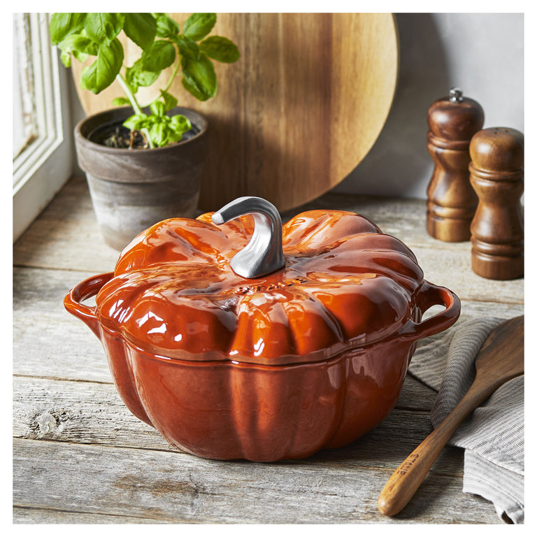 Staub 3.5 Qt. Cast Iron Pumpkin Dutch Oven in Burnt Orange with Stainless Steel Handle, Specialty Shaped Cocottes Series
