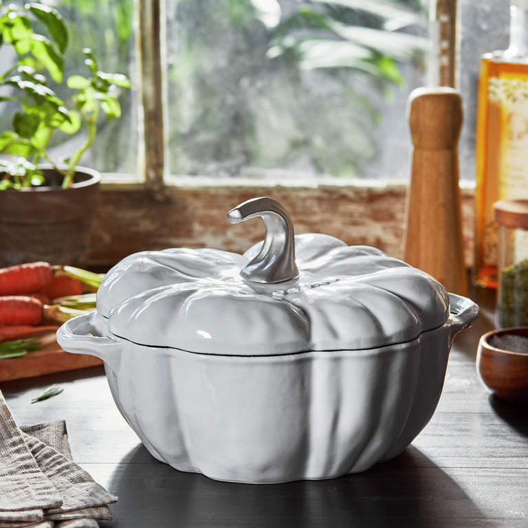 Staub 3.5 Qt. Cast Iron Pumpkin Dutch Oven in White with Stainless Steel Handle, Specialty Shaped Cocottes Series