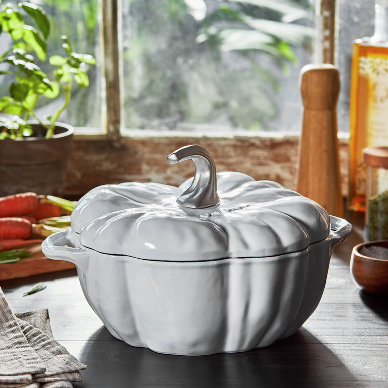 Staub 3.5 Qt. Cast Iron Pumpkin Dutch Oven in White with Stainless