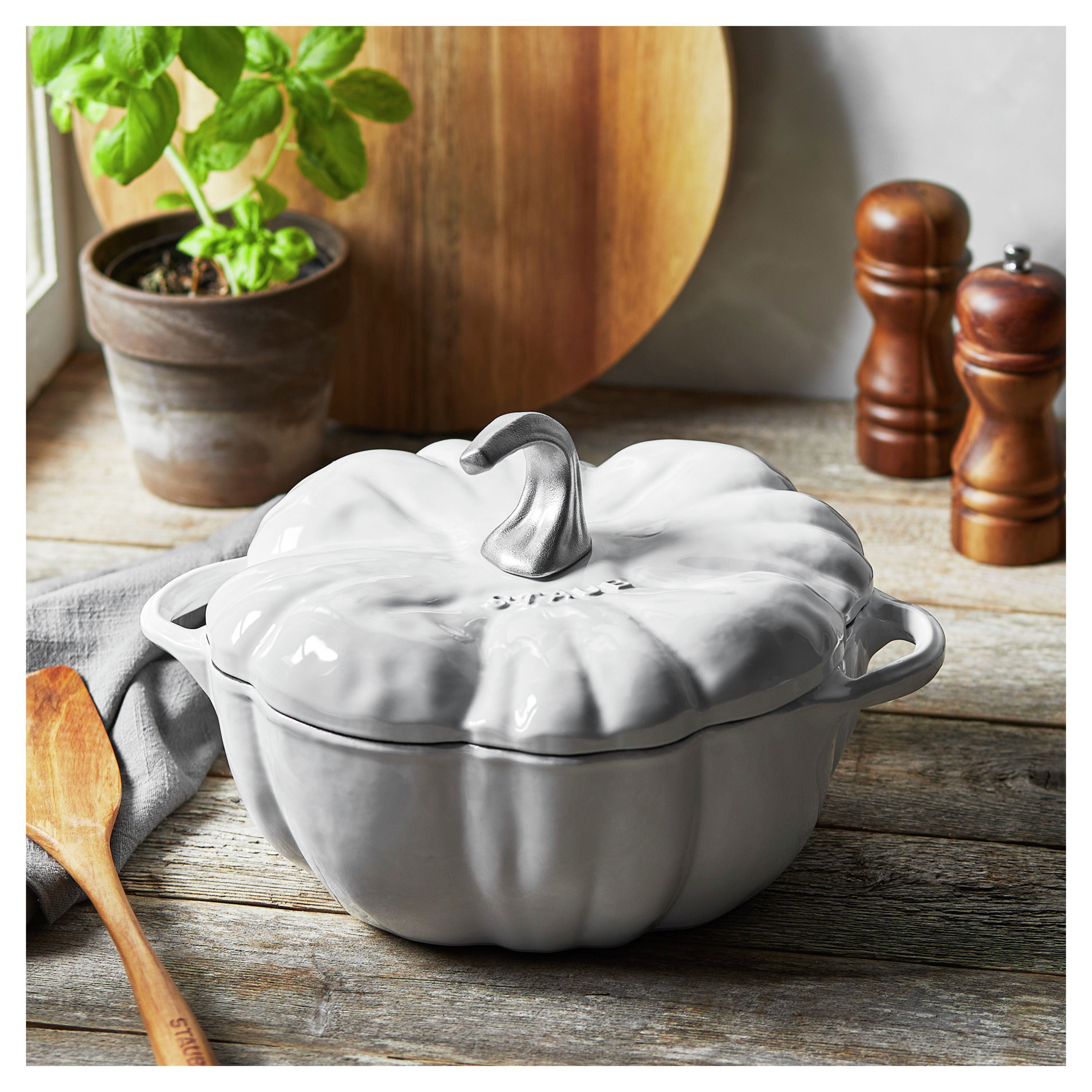 Staub 3.5 Qt. Cast Iron Pumpkin Dutch Oven in White with Stainless Ste