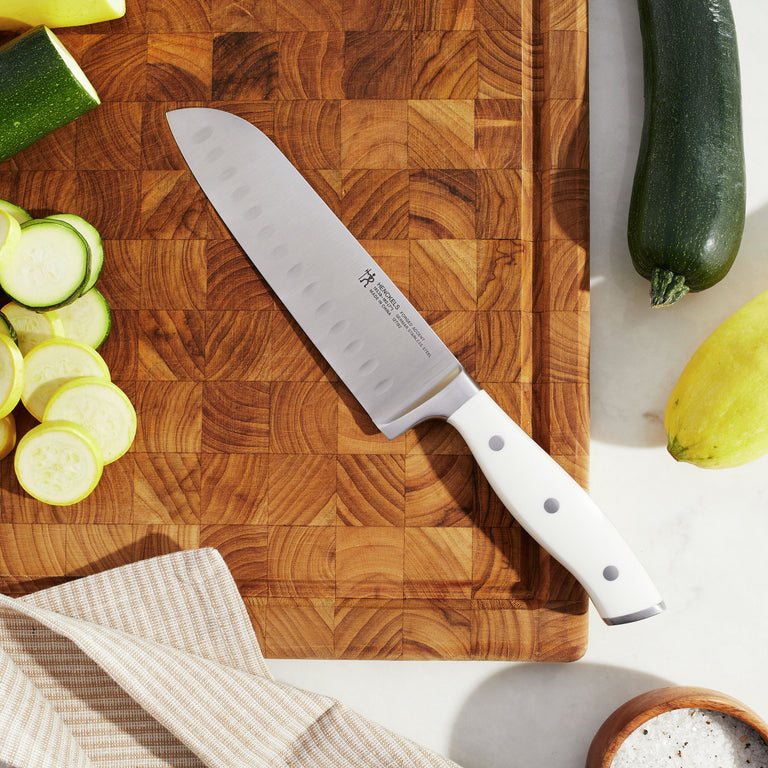 Henckels 7" Fine Edge Santoku Knife with White Handle, Forged Accent Series