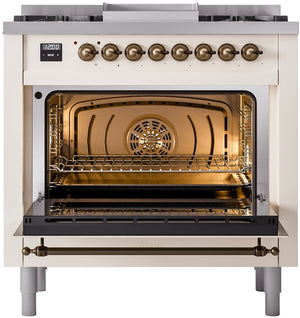 ILVE Nostalgie II 36" Dual Fuel Natural Gas Range in Antique White with Bronze Trim, UP36FNMPAWB