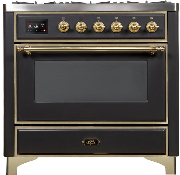 ILVE Majestic II 36" Dual Fuel Natural Gas Range in Matte Graphite with Brass Trim, UM09FDNS3MGG