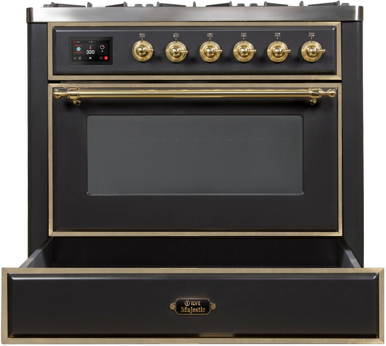 ILVE Majestic II 36" Dual Fuel Natural Gas Range in Matte Graphite with Brass Trim, UM09FDNS3MGG