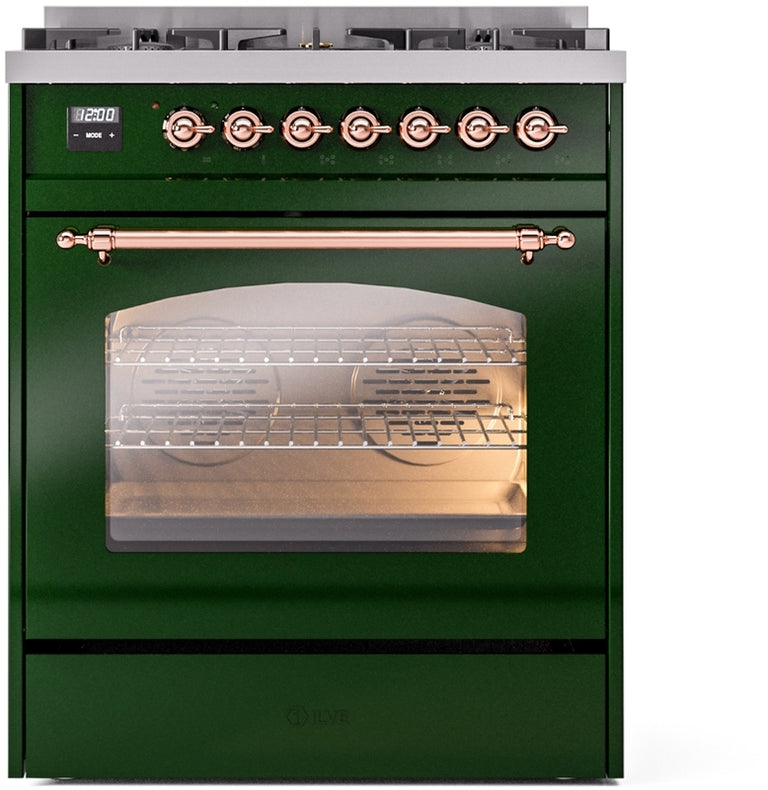 ILVE Nostalgie II 30" Dual Fuel Propane Gas Range in Emerald Green with Copper Trim, UP30NMPEGPLP