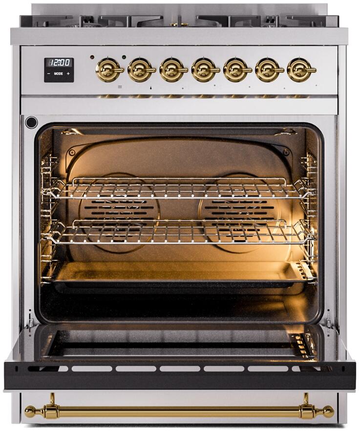 ILVE Nostalgie II 30" Dual Fuel Propane Gas Range in Stainless Steel with Brass Trim, UP30NMPSSGLP
