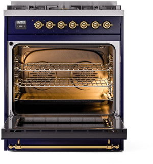 ILVE Nostalgie II 30" Dual Fuel Natural Gas Range in Blue with Brass Trim, UP30NMPMBG