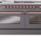 ILVE Nostalgie II 60" Dual Fuel Natural Gas Range in Matte Graphite with Copper Trim, UP60FSNMPMGP